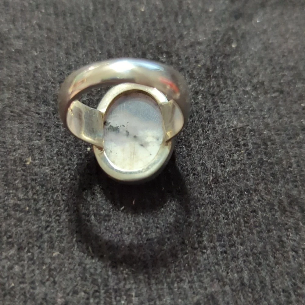 Sterling Silver White and Grey Dendritic Opal Gemstone Oval Statement Ring - 8